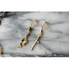 Dagger and Serpent Mismatched Earrings/Sword and Snake Earrings (gold-plated-base)