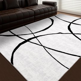 YIHOUSE Modern Washable 8'x10' Area Rug for Living Room Bedroom - Large Abstract Black and White Rug Non-Slip Ultra-Thin Home Decor,Curve,8x10ft