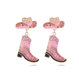 Western Boots Hat Rhinestone Sparkly Dangle Drop Earrings Boho Rodeo Cowgirl Cowboy Enamel Crystal Earrings for Women Country Concert Party Outfits Jewelry Gift-Pink