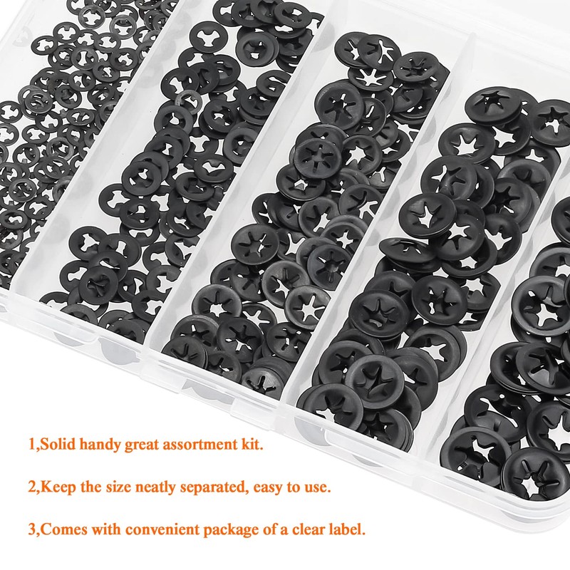 HELIFOUNER 300 Pieces 5 Sizes Internal Tooth Star Lock Washers,