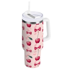 ALAZA Cherry Bow Tie 40 oz Tumbler Stainless Steel Water Bottle Vacuum Insulated Cup with Straw Lid & Handle For Travel Car Cup Holder