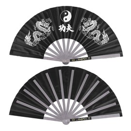 RiToEasysports Tai Chi Fighting Fan, Stainless Steel Hand Folding Fan, Kung Fu Power Compartments for Men and Women Performance (Black)