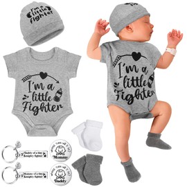 Toulite NICU Preemie Baby Gift Set I'm Little Fighter Preemie Baby Hat and Bodysuit Cotton Socks with Keychain Coin (Gray)