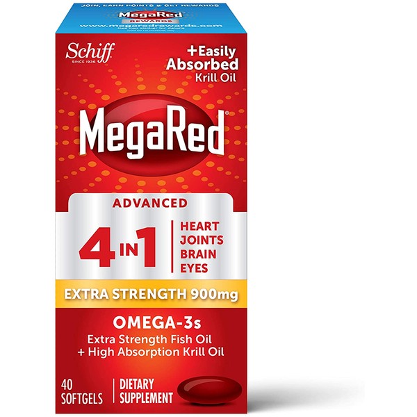 MegaRed Advanced 4in1 Softgels - Omega-3 Fish & Krill Oil Supplement 900mg (40 Count In A Box), 2x More Omega-3, Heart, Joint, Brain and Eye Supplement