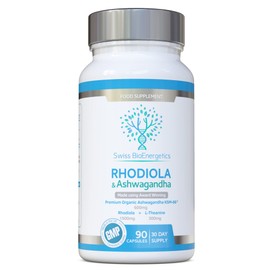 swiss bioenergetics Rhodiola & Ashwagandha with L-Theanine - Award Winning Ashwagandha KSM-66 600mg & 1500mg Rhodiola - Whole Root Equivalent- adaptogen Combo- No Artificial fillers- UK Made