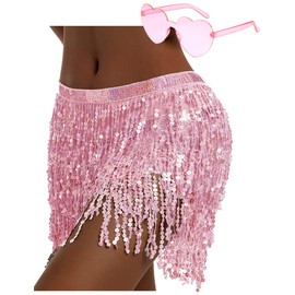 Falda de lentejuelas con flecos, falda de danza del vientre, falda de cadera para fiesta de rave, falda brillante con anteojos de sol de corazón para mujeres y niñas, Rosado, 33 Short