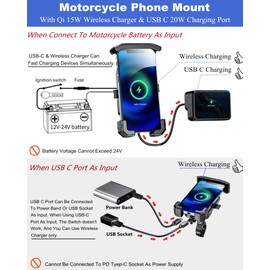 BRCOVAN Motorcycle Phone Mount Holder with Qi 15W Wireless Charger & PD/USB-C 20W Fast Charging Port, [1s Lock] Cellphone Cradle with Aluminum Alloy Handlebar Mounting Base for 4-7'' Smartphone