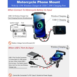 BRCOVAN Motorcycle Phone Mount Holder with Qi 15W Wireless Charger & PD/USB-C 20W Fast Charging Port, [1s Lock] Cellphone Cradle with Aluminum Alloy Handlebar Mounting Base for 4-7'' Smartphone