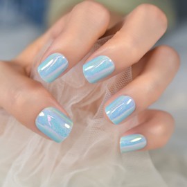 LINSSQ Press on Nails,Light Blue False Nails,Beauty Metallic Mirror Nails Manicure Kits,Reusable UV Gel Fake Finger Nail Art Women Girls Gifts for Daily Office Party