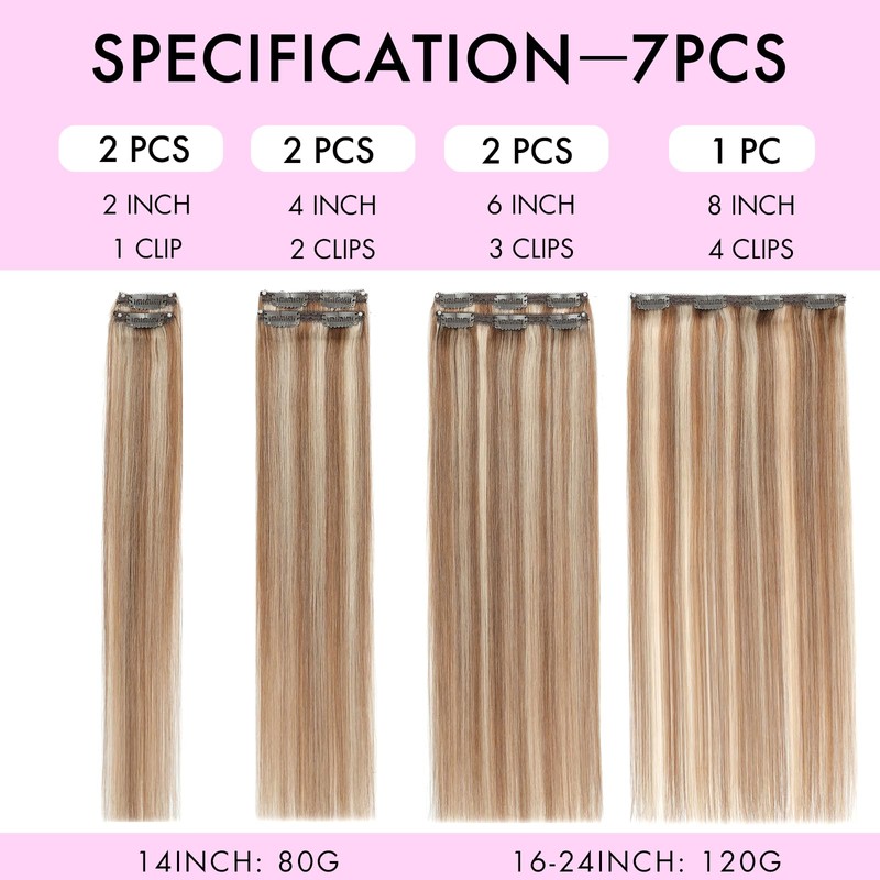 EINbeauty Clip-In Real Hair Extensions, 7 Pieces, 120 g, 50
