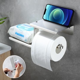 Adhesive Toilet Paper Holder with Double Phone Shelf, Stick on Toilet Tissue Roll Holder Without Drilling, Rustproof & 304 Stainless Steel Bathroom Storage Dispenser