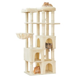 MWPO Large Cat Tree for Indoor Cats, 63-inch Cat Tower with 3 Cat Condos, Scratching Posts, Padded Perches, Hammock, Dangling Toys, Beige