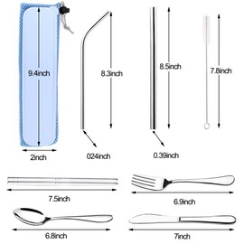 TIMGOU 7 PCs Flatware Set with Carry Case, Reusable 304 Stainless Steel Silverware of Fork, Knife, Spoon, Chopsticks, 2 Metal Straws and Cleaning Brush, Portable Travel Cutlery Set-Blue