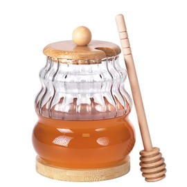15OZ Honey Pot with Dipper and Lid, Glass Honey Jar with Wooden Base Tray and Wooden Lid, Wide Mouth Honey Containers, Pumpkin Shape, Honey Syrup Dispenser for Home Kitchen, Honeypot for Dinner Table