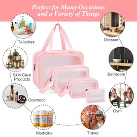YuanCheng Upgrade Travel Toiletry Bags for Women, Pack-4 Different Size Make Up Bags with Handle, Large Capacity Translucent Waterproof Travel Cosmetic Bags, Comestic Bag-Pink, Large Capacity Translucent Waterproof Travel Cosmetic Bags