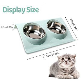 Double Cat Bowls, Stainless Steel Non-Slip Cat Bowl, 15° Tilt, Double Feeding Bowl, for Pets, Cats and Small or Medium Dogs (Green)