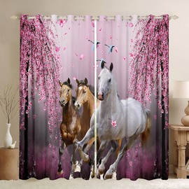 Boys Horse Curtains Cherry Blossom Branches Steed Kids Window Curtains for Bedroom Living Room for Girls Teens Galloping Horse Window Drapes 3D Wild Animal Decor Window Treatments 52W X 84L，2 Panels