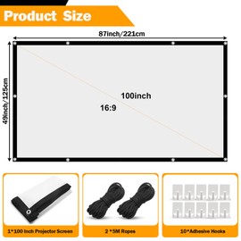 Screen Projector 100 Inches, 16:9 HD Projector Screen, Washable, Foldable Projector Screen, Thickened Projector Screen, 4K Canvas Projector Outdoor for Office, Conference, Theatre, Party, Home, School