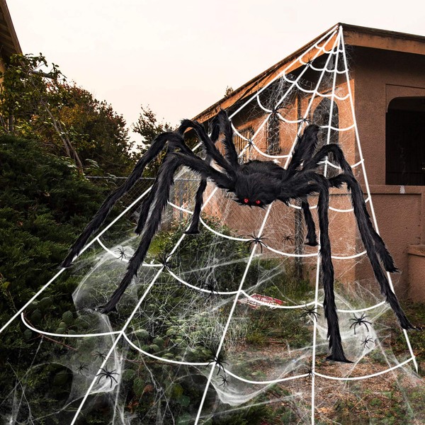 iZoeL Giant Spider 6.6ft - 200cm, Spider Web 23ft - 700cm, 30pcs Plastic Spiders, 40g Cobweb - Halloween Decorations Triangular Cobweb for Indoor Outdoor Home Yard Haunted House
