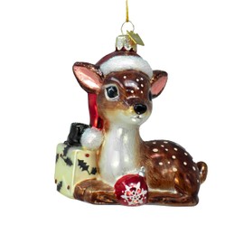 Kurt Adler Nobel Gems Glass Christmas Ornament, Reindeer with Santa Hat & Present