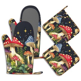Mushroom Oven Mitts and Pot Holders Sets of 4 Boho Forest Wildflowers Heat Resistant Silicone Oven Mits Gloves Non-Slip Kitchen Mittens Potholders for Cooking Baking Grilling BBQ