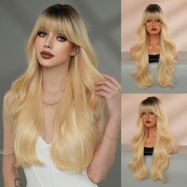 7JHH WIGS Long Wavy Blonde Wig with Bangs 28inch Platinum with Dark Roots Heat Resistant Fiber Layered Synthetic White Blonde Wig for Cosplay Christmas Gifts Party Used