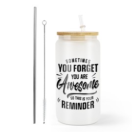 AGH Inspirational Gifts for Men Women, Sometimes You Forget You're Awesome 16OZ Glass Coffee Tumbler, Thank You Gifts for Dad, Husband, Friends on Fathers Day Birthday Glass Coffee Cup with Bamboo Lid