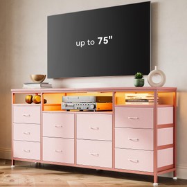63.3 Inch Black Dresser for Bedroom, 10 Drawer Dresser TV Stand for 65 70 75 Inch TV, Fabric Chest of Drawers with LED Lights & Power Outlets, Long Entertainment Center for Closet, Living Room, Entryw