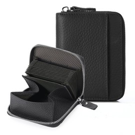 GOIACII Women's Leather Credit Card Holder, RFID Protection, Small Wallet with Many Compartments and Coin Compartment, Small Large Capacity Card Holder for Women, A-Black, Classic