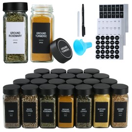 GMAMXD 24 Pcs Glass Spice Jars with Labels,4 oz Seasoning Containers,Spice Containers with Black Airtight Lids and Shaker Lids,Square Empty Spice Bottles, 492 Labels,2 Marker Pens,1 Funnel