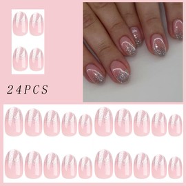 24Pcs French Press on Nails Short Almond, Full Cover Glue on Nails Glitter Short Round Designs Fake Nails Simple Daily Wear False Nails Nail Tips Almond Shape Nails for Women Nail Art Accessories