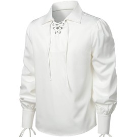 VATPAVE Mens Lace Up Pirate Shirts Viking Renaissance Cosplay Costume Medieval Tops Victorian Steampunk Medium White LC28