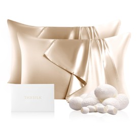 THXSILK Set of 2 Silk Pillowcases for Hair and Skin, 100% Mulberry Silk Bed Pillowcases 22 Momme, Pure Silk Soft Breathable Both Sides Silk Pillow Case with Hidden Zipper, King Size Pillow Cases(Beige)