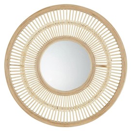 47th & Main Boho Mirror Round Woven Rattan Hanging Mirror for Wall Décor, 20" Dia, Light Bamboo