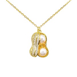 Hiqmic 925 Sterling Silver Cute Peanut Pearl Pendant Necklace White Gold Plated Jewelry Gifts for Women 16", WA99055-Gold