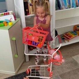 Shopping Cart for Kids, Toy Shopping Cart with Basket & 24pc Food Set Small Shopping Cart Toy, Folding Kids Shopping Cart, Toddler Shopping Cart, (Floral)