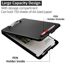 A4 Clipboards, Folder Clipboard with Storage, Folio Plastic Clipboard with Low Profile Clip, File Binder Clipboard Case, Waterproof Nursing Clipboards Foldable Document Case for Office Work -Black