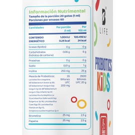 B Life Probióticos para Niños con 9 cepas 60 Tomas Sabor Cereza Adicionado con Inulina y Bromelina. 35 Billones de Probióticos Kids Probiotics.