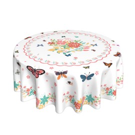 Spring Summer Floral Tablecloth Round 60 Inch Watercolor Butterfly Flower Table Cloth Washable Farmhouse Table Covers for Kitchen Holiday Picnic Party Dinner Room Picnic Indoor Outdoor Decor