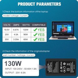 130W USB C Laptop Charger for Dell XPS 15 17 2in1 9575 9500 9510 9520 9530 9700 9710 9720 9730 Latitude 5520 5510 5420 7410 7310 7210 9410 9510 9520 Precision 5530 5550 5560 5570 5750 5760 3560 3550