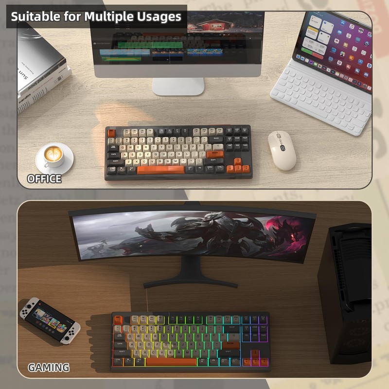 MAMBASNAKE M87 TKL– Dual-Mode-Wireless-Gaming-Tastatur, Bluetooth/2,4 GHz, PBT-Kugeltastenkappe, 4000-mAh-Akku, gemischte Regenbogen-Hintergrundbeleuchtungstastatur