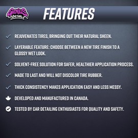 GENIUS DETAIL - Black to Business, Tire Dressing and Tire Shine, Restores Tire Rubber, Matts, Vinyl Trim, Safe On Tires, Cars, Trucks, Motorcycles, Vehicles, Solvent-Free, Non-Toxic - 16oz / 473ml