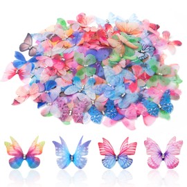 Keboyoe Pack of 100 3D Butterfly Organza with Rhinestones Double Layer Organza Fabric Butterfly 4.5 cm 3D Butterfly Decoration for Wall Decoration, Clothing Appliques, Hair Clips, DIY Decoration