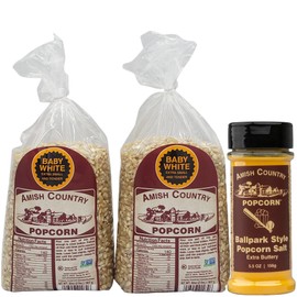 Amish Country Popcorn | Variety Bundles | 4 lb Baby White Popcorn Kernels and 5.5 oz BallPark Style ButterSalt Set | Old Fashioned, Non-GMO and Gluten Free