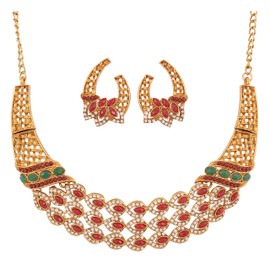 Touchstone Indian Bollywood White Rhinestone Simulated Ruby Emerald Ethnic Netting Theme Bridal Designer Jewelry Necklace Set for Women Antique Gold Tone, Metal, No Gemstone