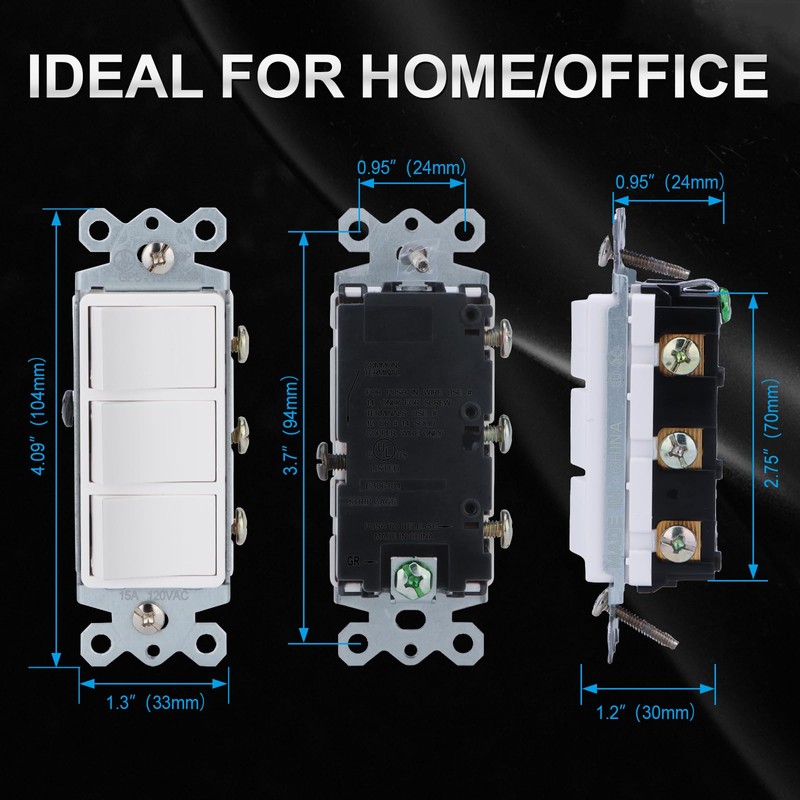 Baomain 2-Pack Triple Rocker Light Switch, 15A 120V Single Pole,