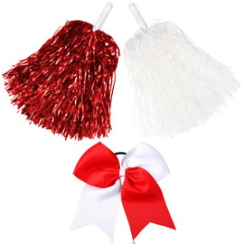 Hanaive 3 Pcs Plastic Cheerleading Pom Poms and Large Cheerleader Hair Bow Metallic Foil Cheer Supplies for Dance Squad Rooters Accessories(Red White,Classic Matte)
