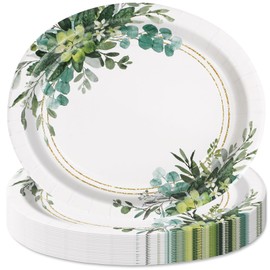 AnyDesign 50Pcs Greenery Paper Plates Watercolor Eucalyptus Leaves Oval Disposable Plates 9 Inch Green Leaves Tableware Dessert Plates for Spring Wedding