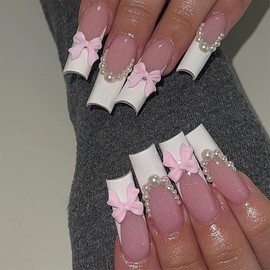 French Tip Press on Nails Long Square Fake Nails Bow Acrylic Nails Cute False Nails with Designs Pearl Glue on Nails White Nail Tip Nude Stick on Nails for Women Girls 24Pcs