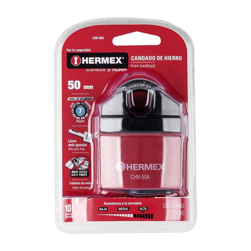 Hermex CHN-50A, Candado de hierro, 50 mm, llave anti-ganzúa, blíster